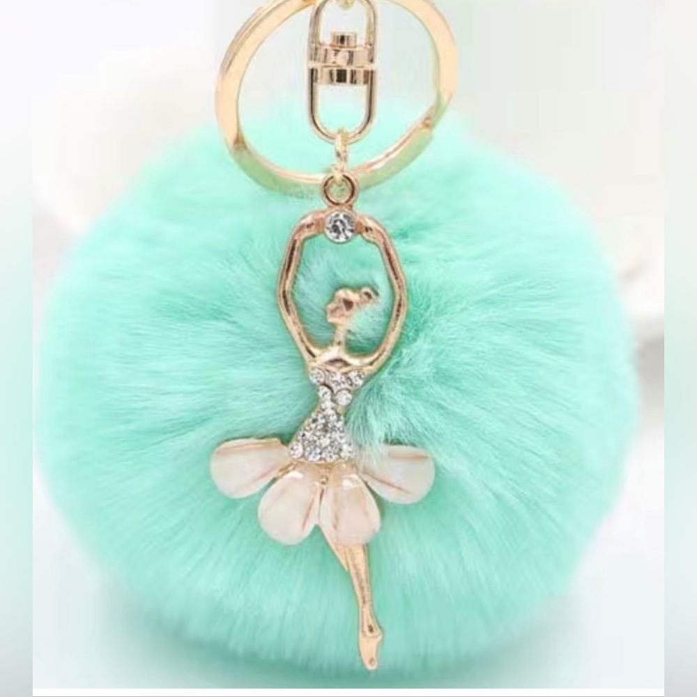 New Ballerina with Green Faux Fur PomPom Keychain or Purse Charm